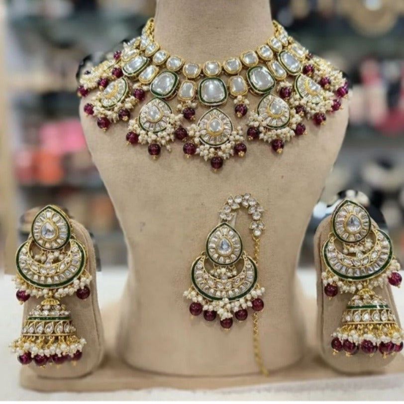 Party Wear Gold Plated Maroon Color Kundan Choker Necklace Earring With  Maangtikka Jewellery Set Manufacturer, Supplier, Exporter