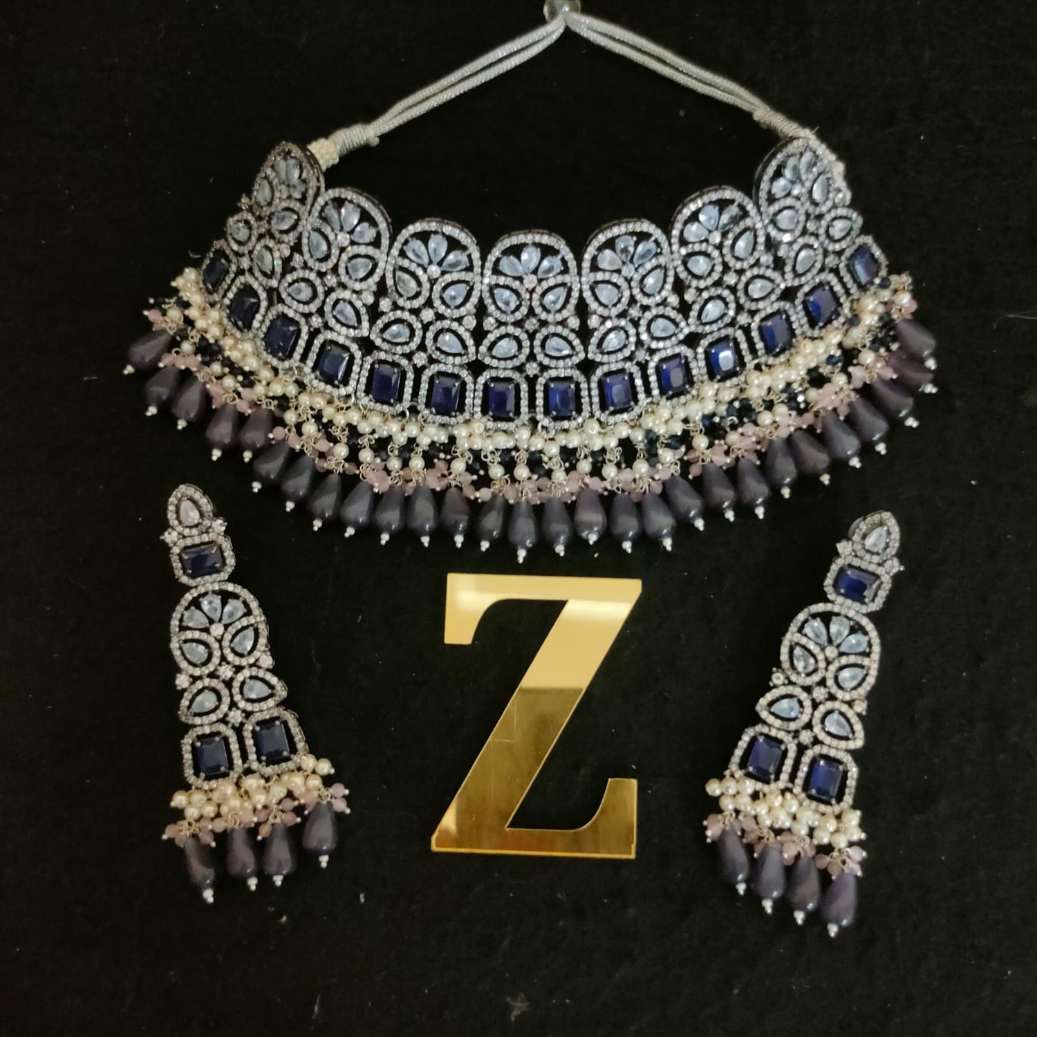 Zevar Jewelry Dark Blue AD Choker Necklace Set By Zevar