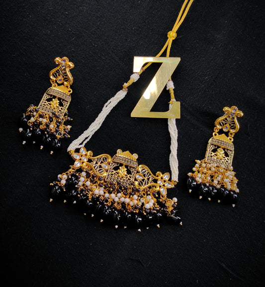 Zevar Jewelry Gold Plated Kundan Choker Necklace earrings set by Zevar