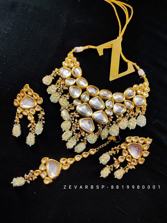 Zevar Jewelry High Quality Kundan Choker Necklace Earring With Maangtika Set By Zevar