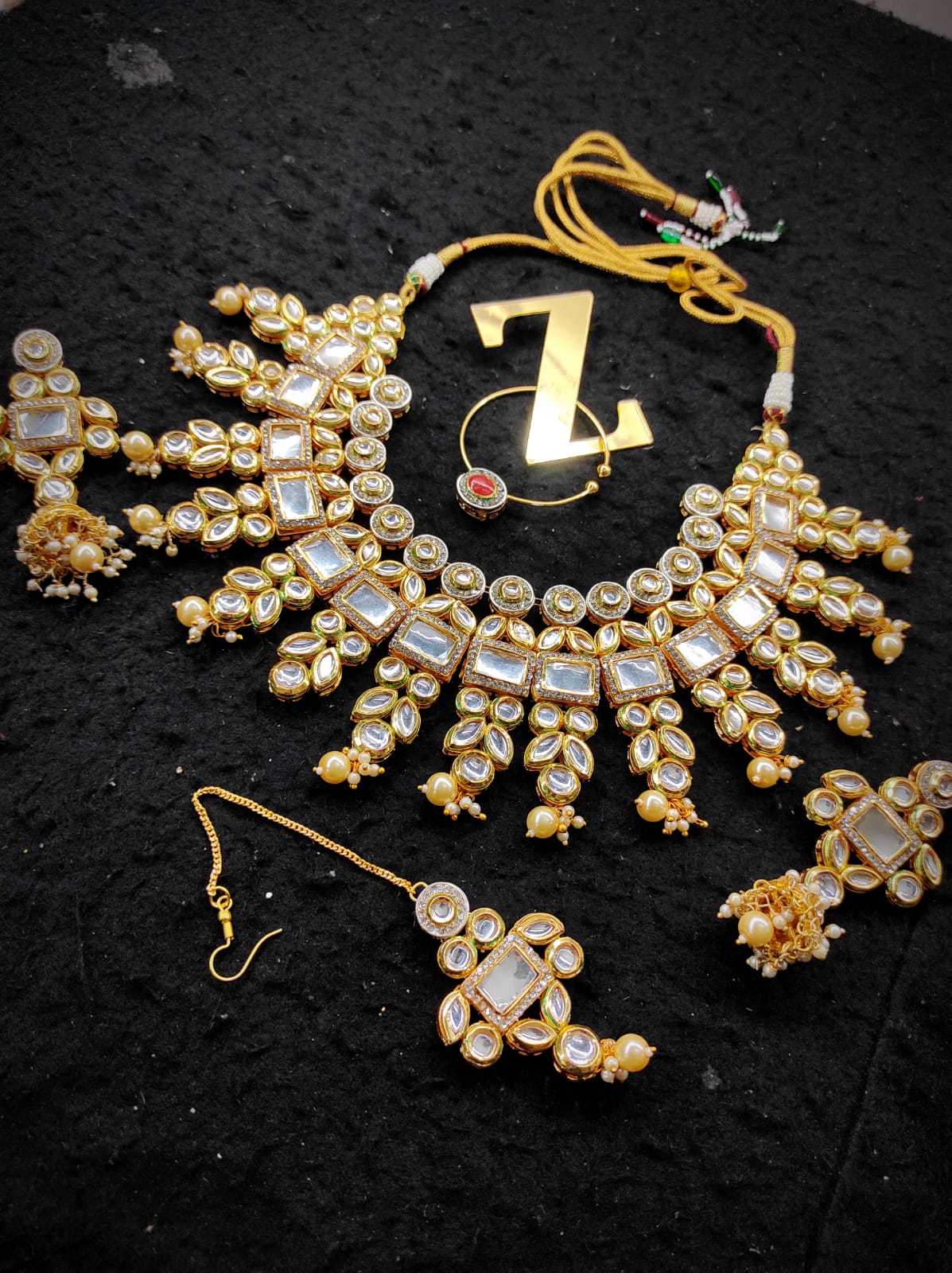 Zevar Jewelry kundan AD ston Necklace Earring With Maangtika set by Zevar