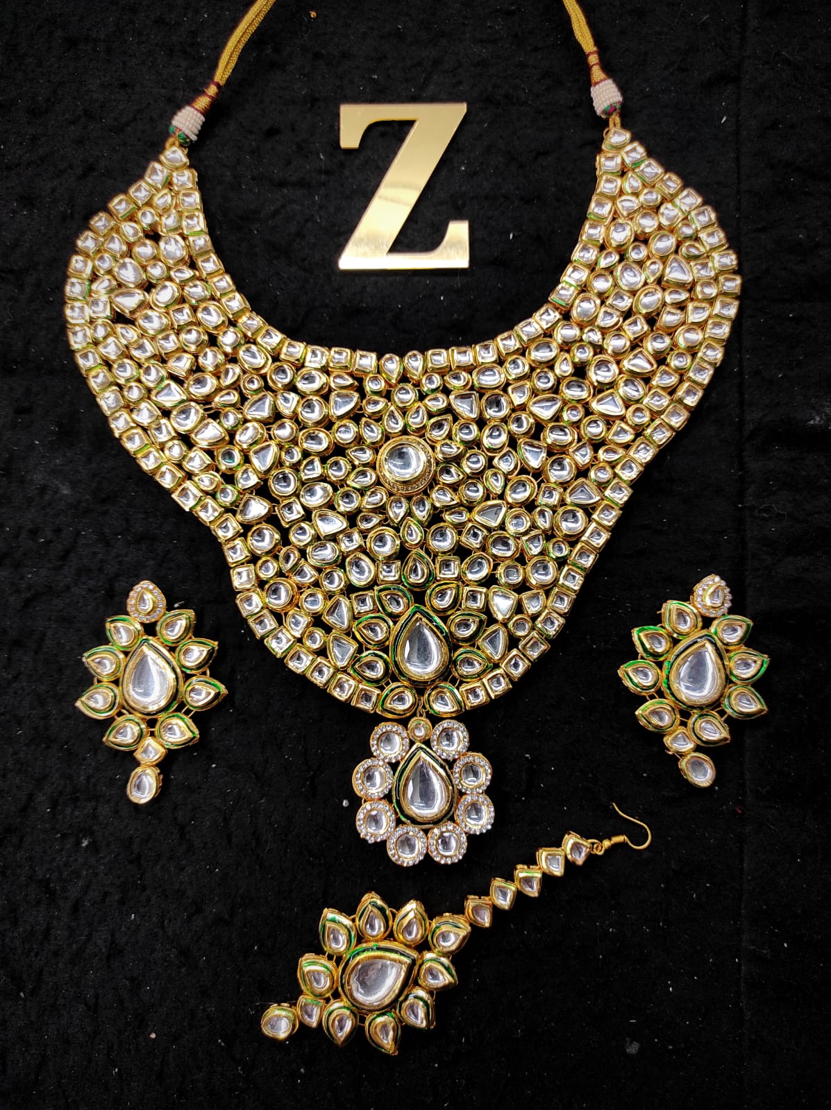 Zevar Jewelry kundan AD ston Necklace Earring With Maangtika set by Zevar