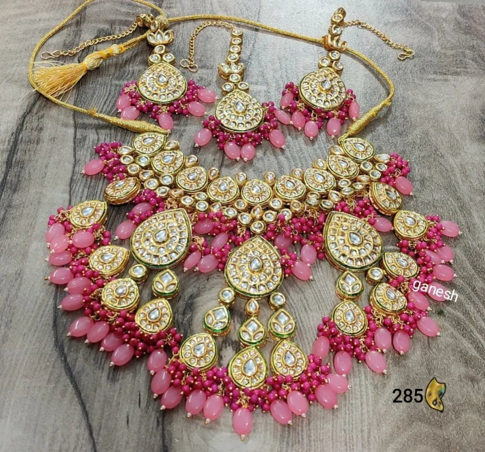 Zevar Jewelry Kundan Bridal Set Pure Pink earrings and maang tikka Jewellery set By Zevar