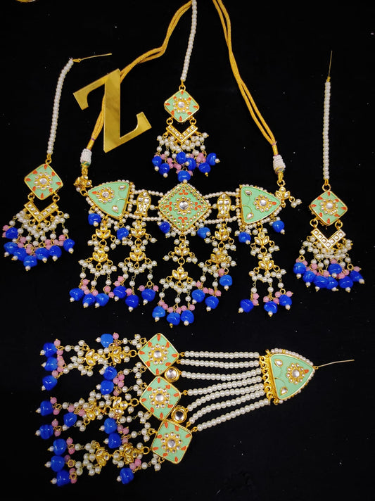 Zevar Jewelry Kundan Choker Necklace Earrings with Maantika & Pasha set By Zevar