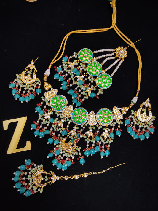 Zevar Jewelry Kundan Choker Necklace Earrings with Maantika & Pasha set By Zevar