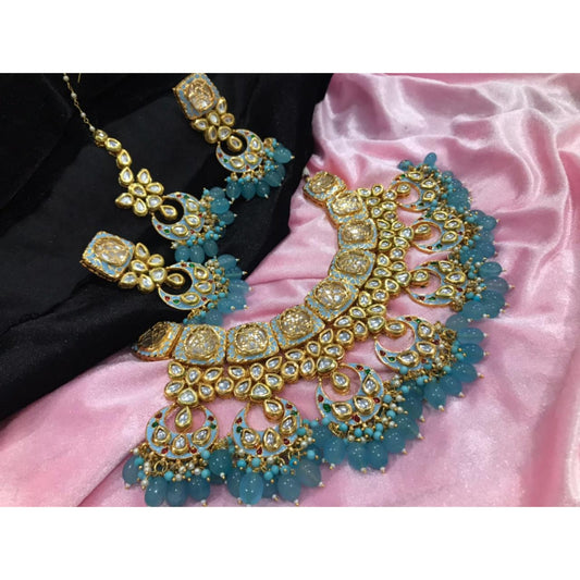 Zevar Jewelry Kundan Choker Necklace meenakari Work Earrings with Maantika set By Zevar