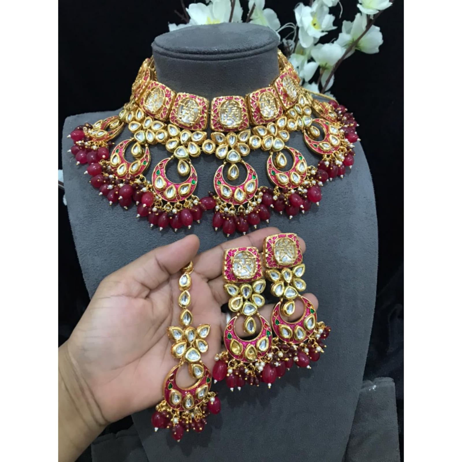 Zevar Jewelry Kundan Choker Necklace meenakari Work Earrings with Maantika set By Zevar