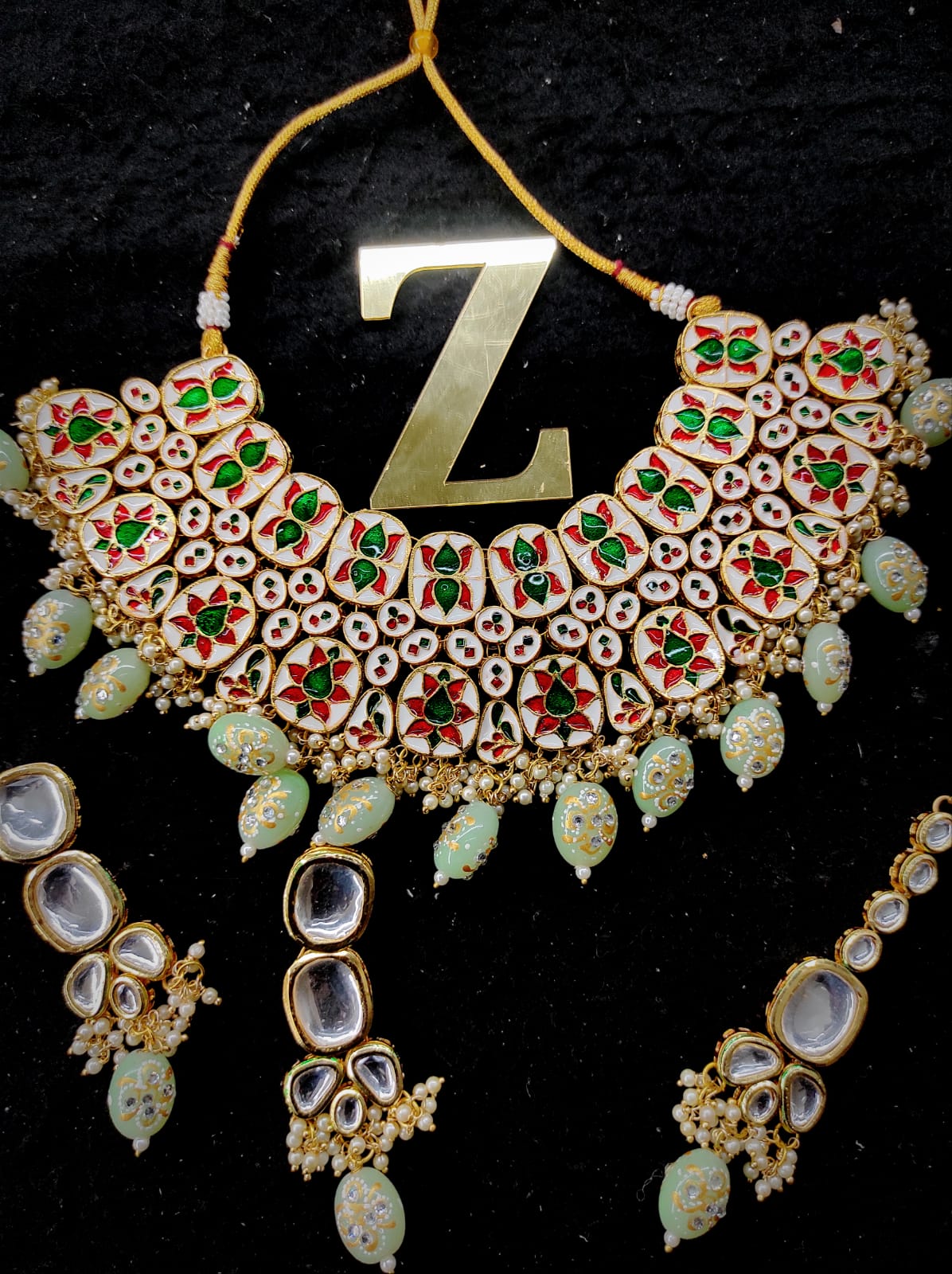 Zevar Jewelry kundan Necklace back side meenakari work Earring With Maangtika set by Zevar