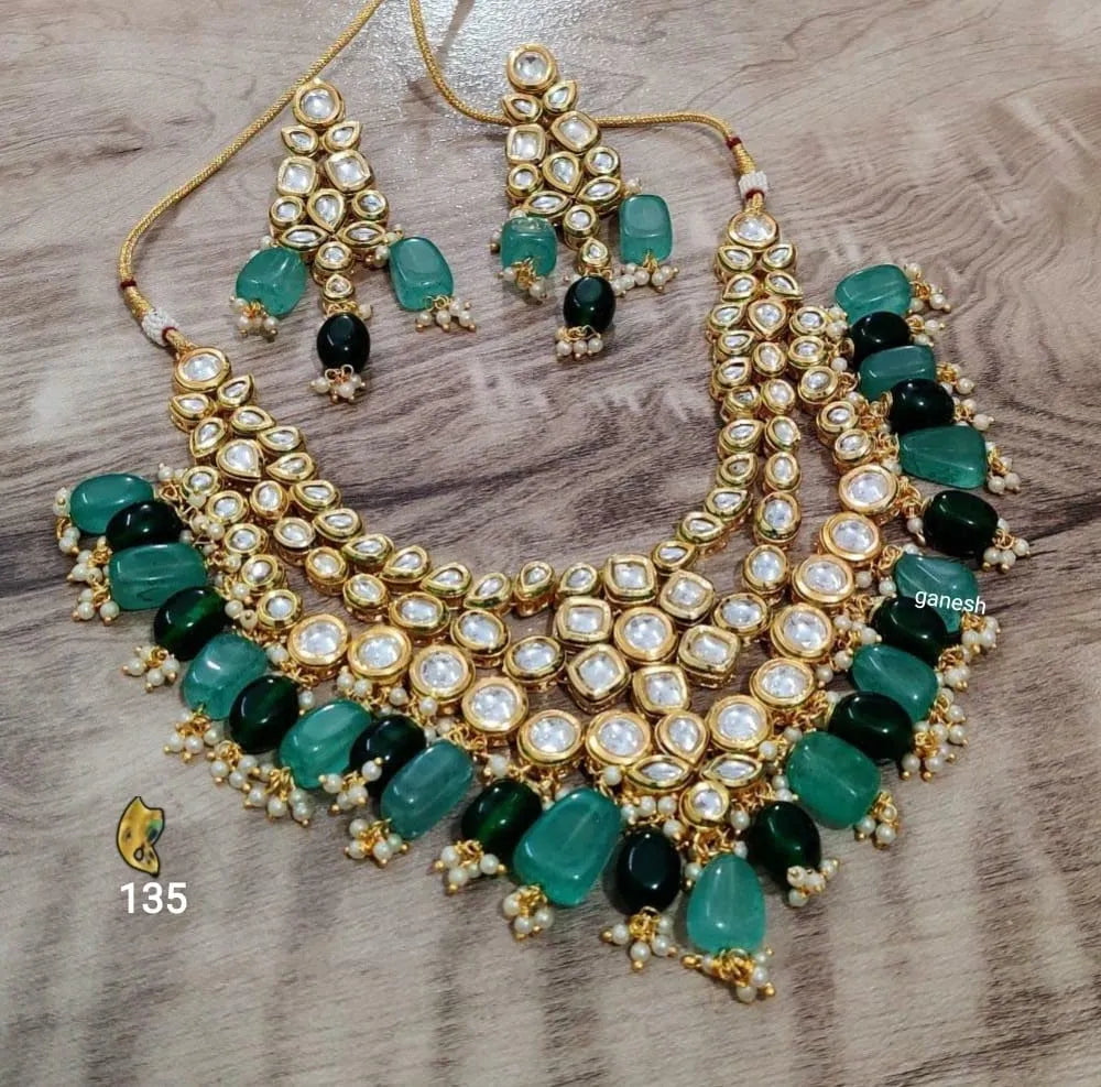 Zevar Jewelry Kundan Necklace dark green and mint green with earings Jewellery set By Zevar