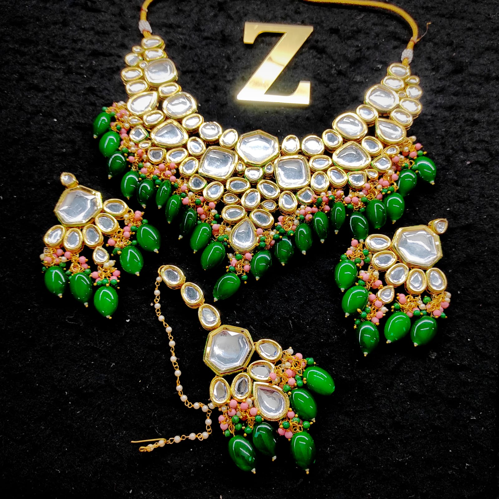 Zevar Jewelry kundan Necklace Earring With Maangtika set by Zevar