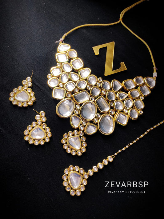 Zevar Jewelry Kundan Necklace Jewellery Earrings with Maantika set By Zevar