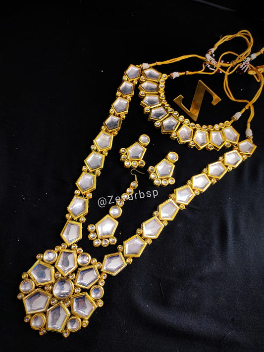 Zevar Jewelry Kundan Necklace Jewellery Long & Earrings with Maantika set By Zevar