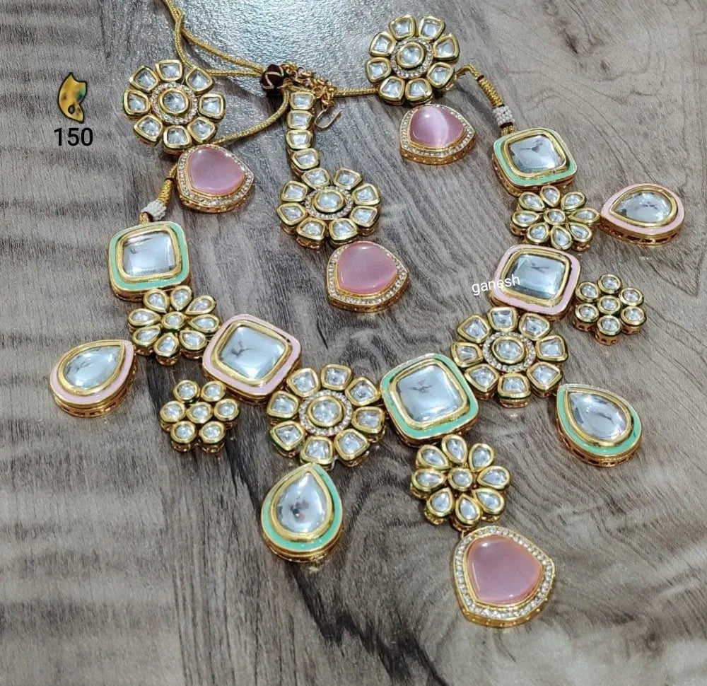 Zevar Jewelry Light Pink Kundan Necklace Elegant Jewellery set By Zevar