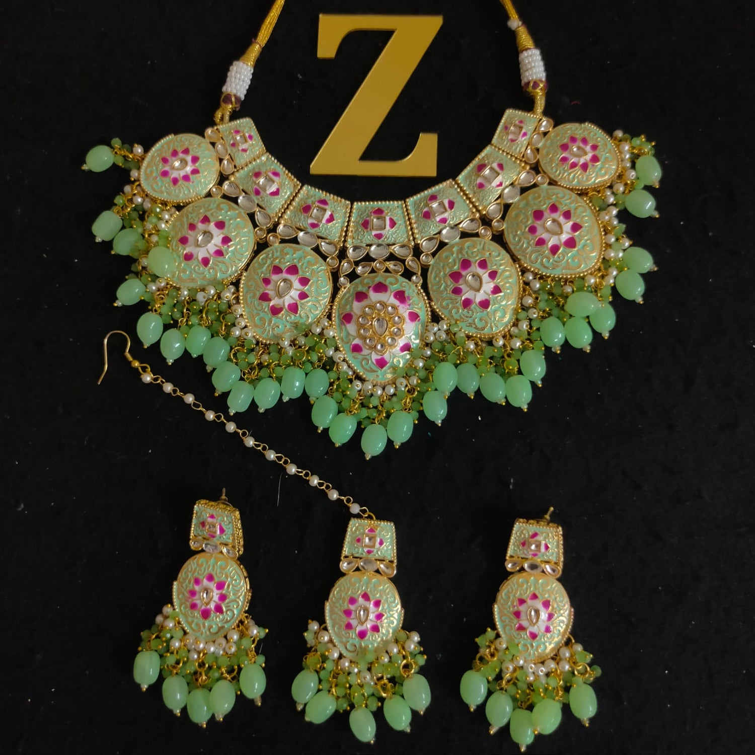 Zevar Jewelry Meenakari Choker Necklace earrings maangtikka set by Zevar