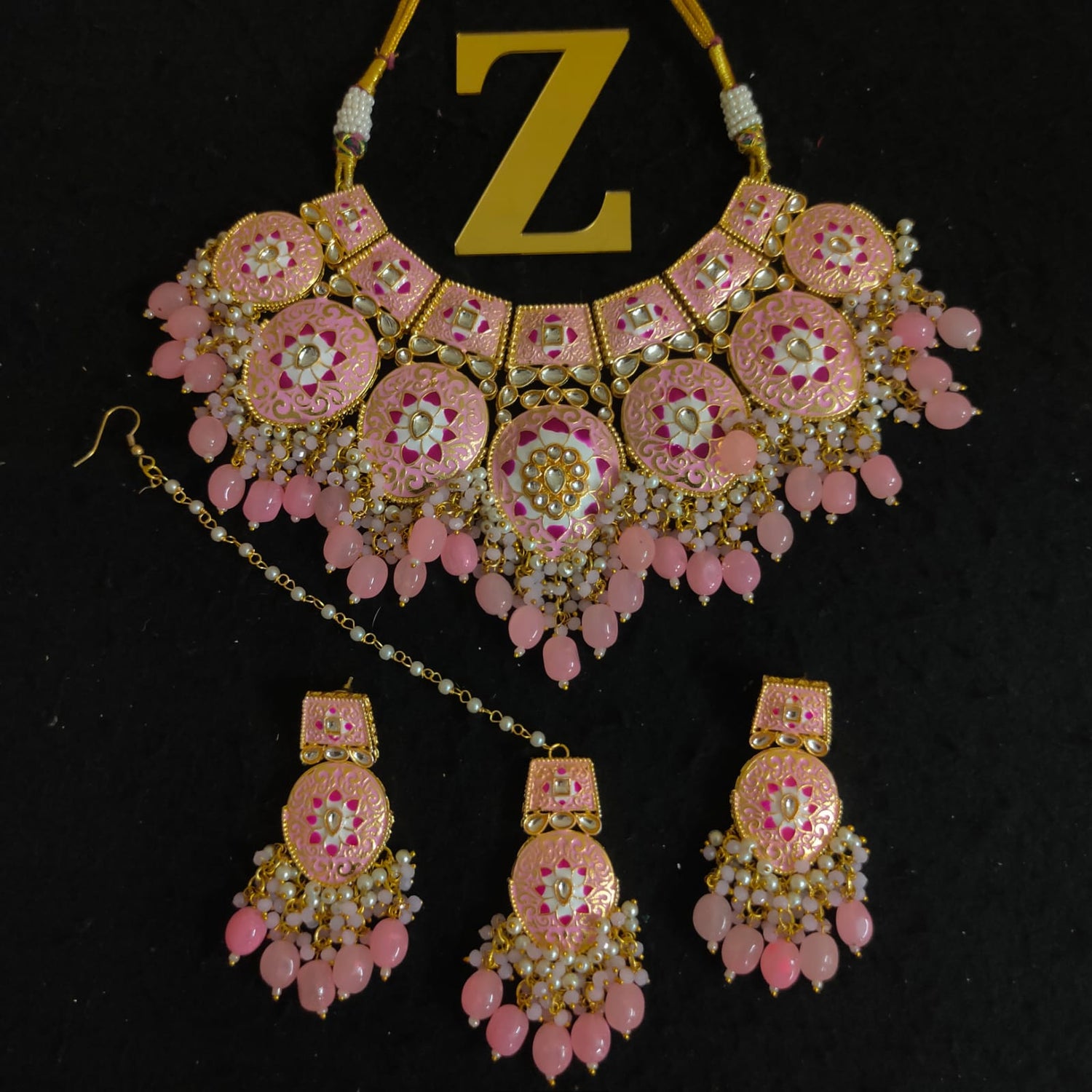 Zevar Jewelry Meenakari Choker Necklace earrings maangtikka set by Zevar