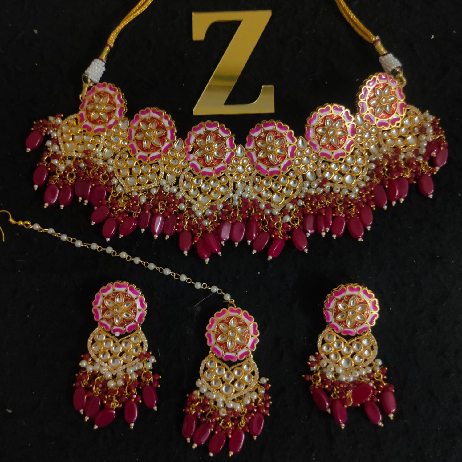 Zevar Jewelry Meenakari Choker Necklace earrings maangtikka set by Zevar