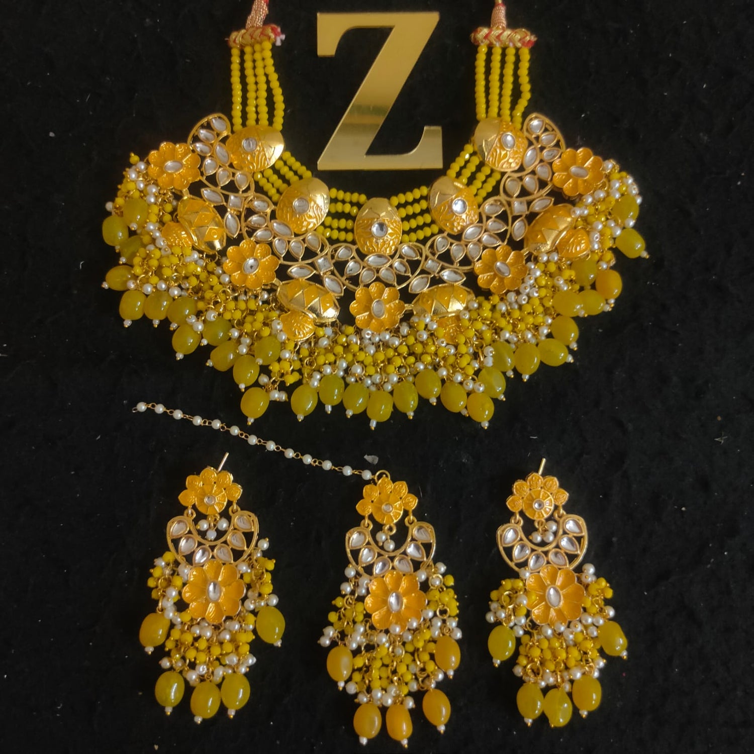 Zevar Jewelry Meenakari Choker Necklace earrings maangtikka set by Zevar
