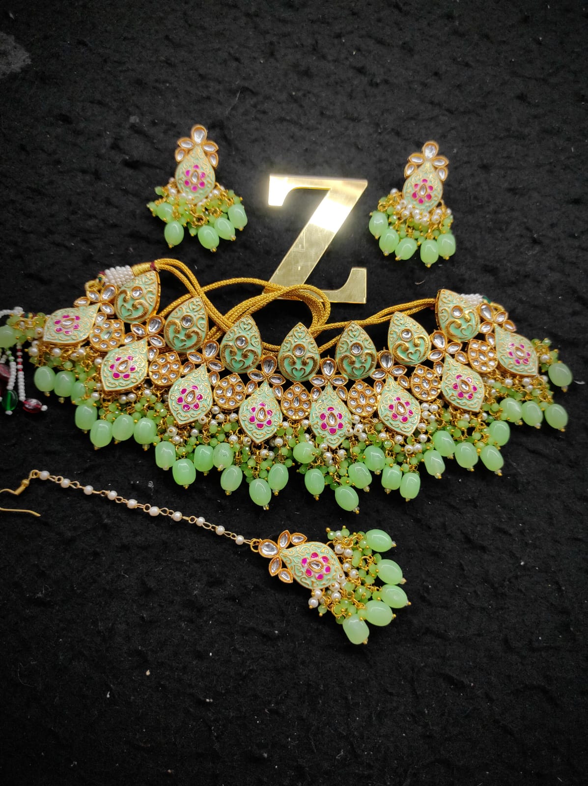 Zevar Jewelry Meenakari Choker Necklace earrings maangtikka set by Zevar