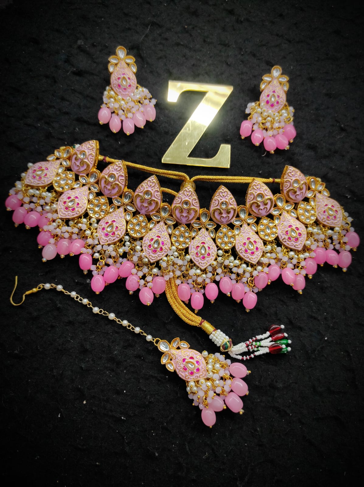 Zevar Jewelry Meenakari Choker Necklace earrings maangtikka set by Zevar