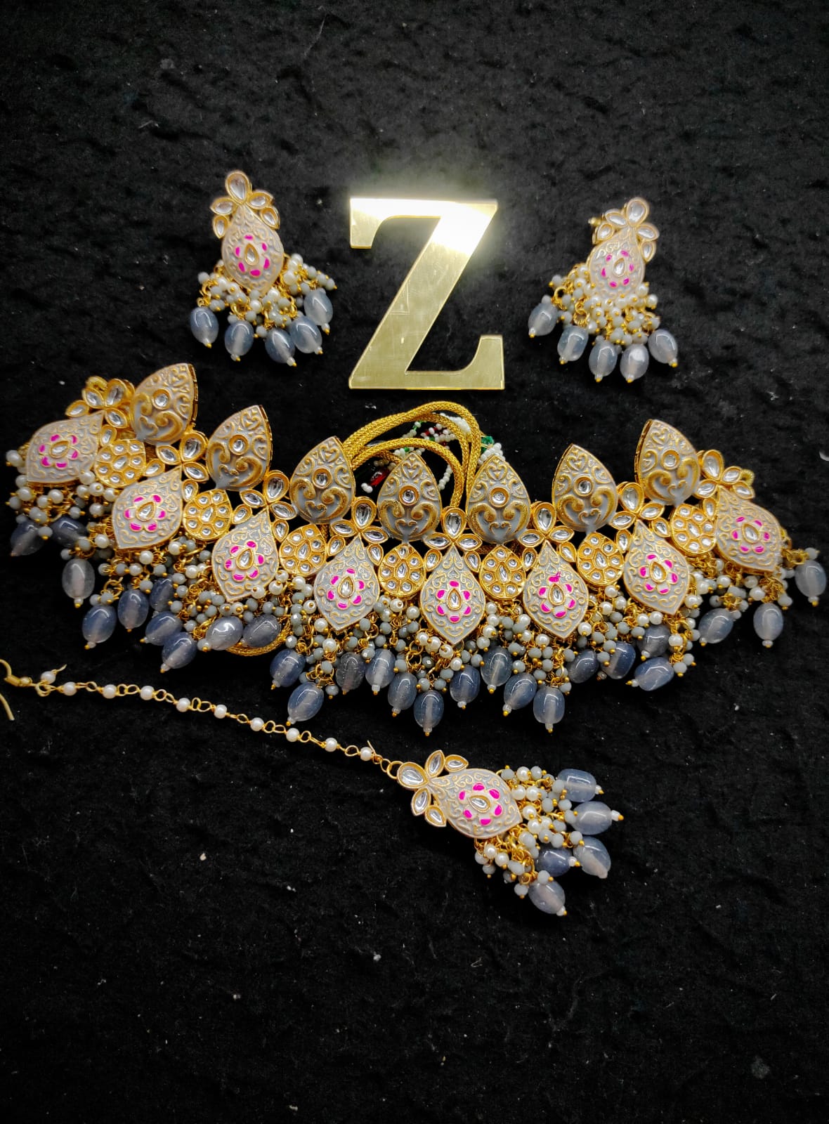 Zevar Jewelry Meenakari Choker Necklace earrings maangtikka set by Zevar