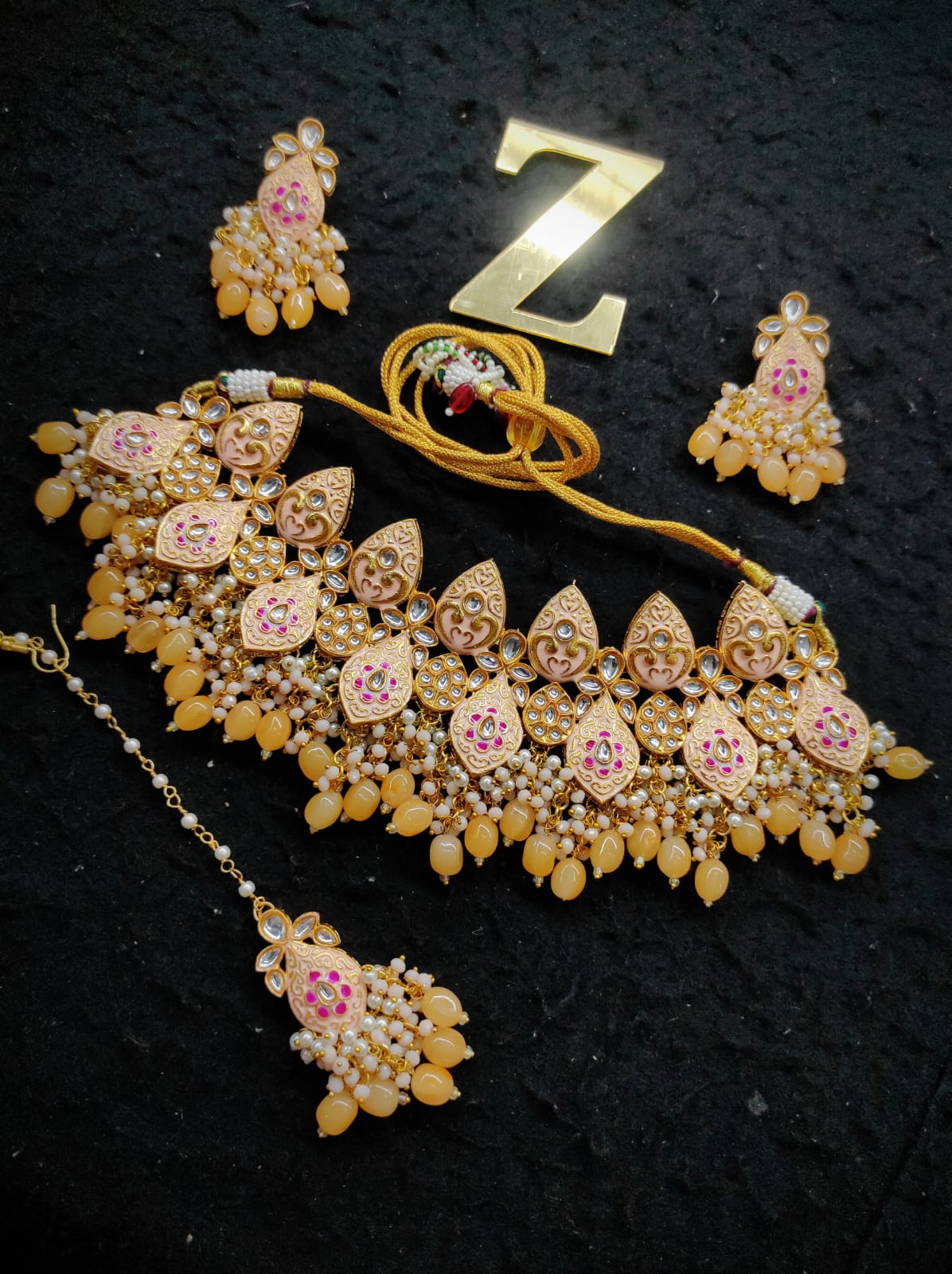 Zevar Jewelry Meenakari Choker Necklace earrings maangtikka set by Zevar
