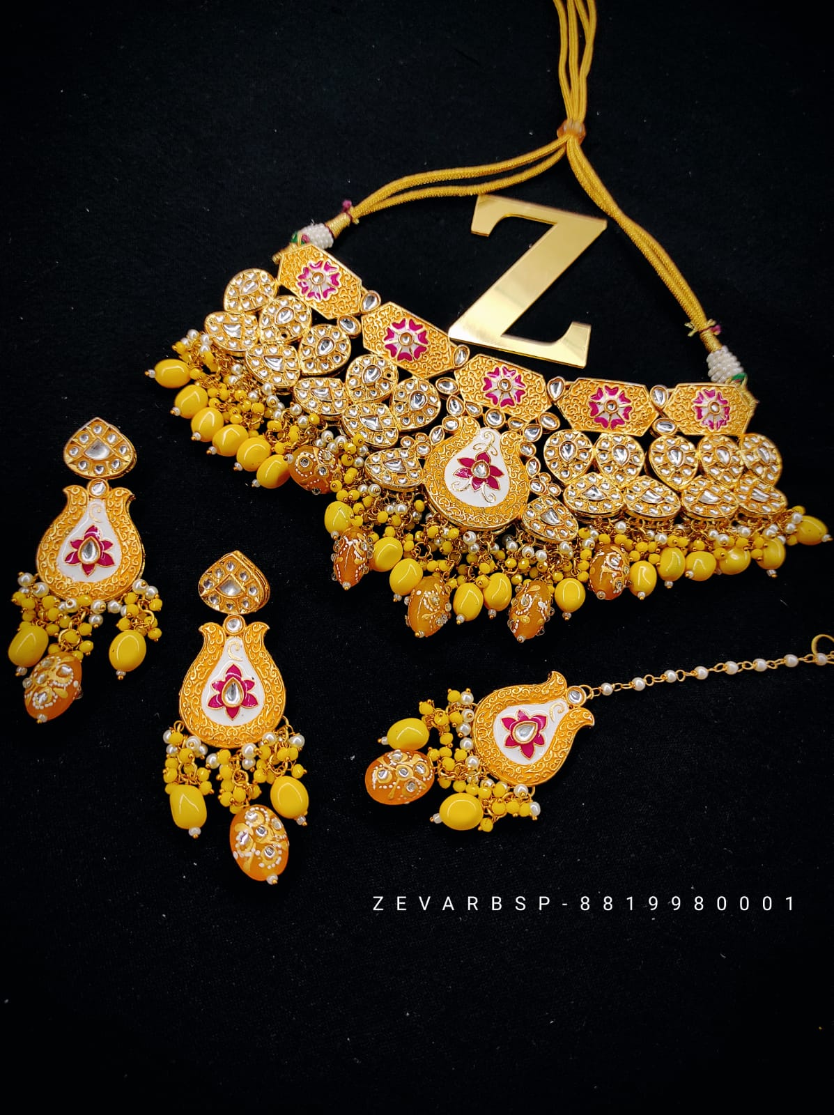 Zevar Jewelry Meenakari Choker Necklace Earrings With Maangtikka Set By Zevar