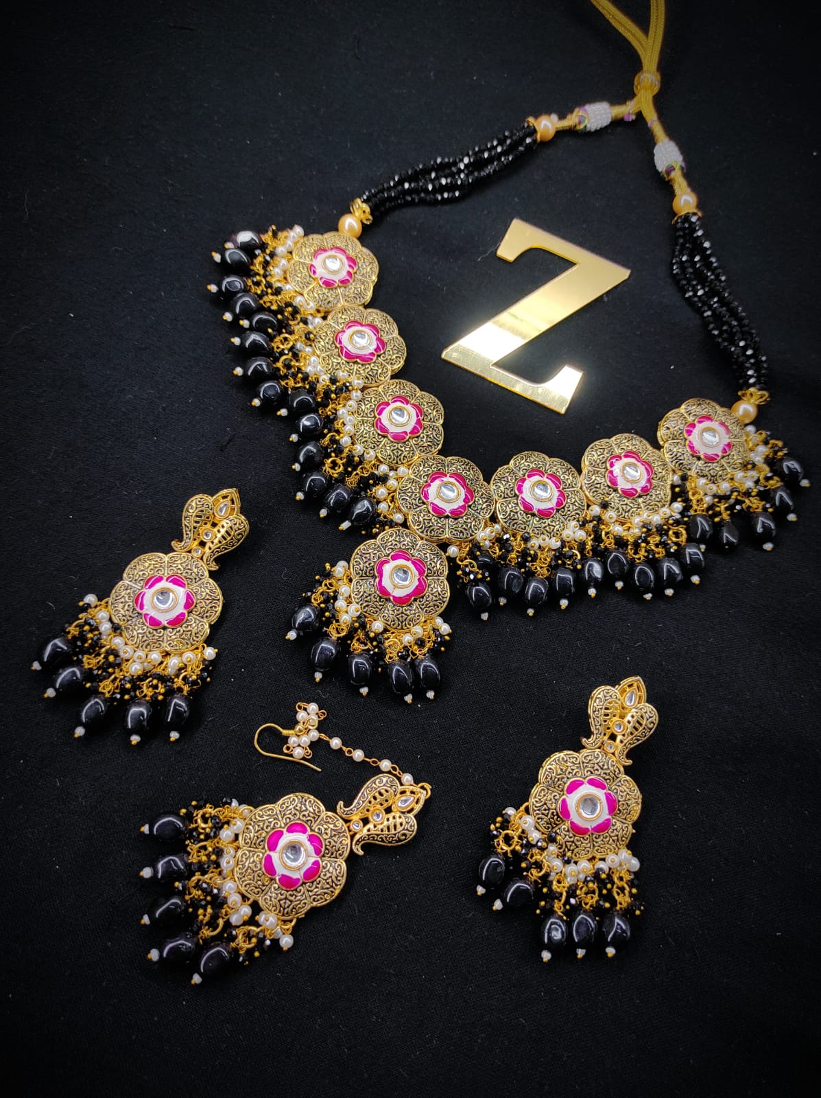 Zevar Jewelry Meenakari Choker Necklace Earrings With Maangtikka Set By Zevar