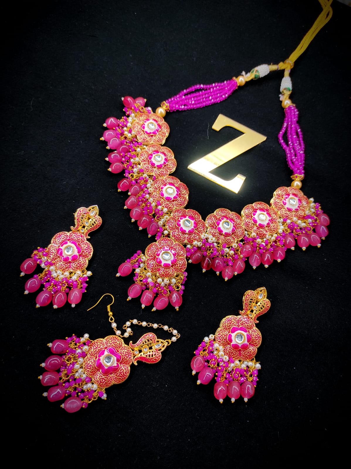 Zevar Jewelry Meenakari Choker Necklace Earrings With Maangtikka Set By Zevar