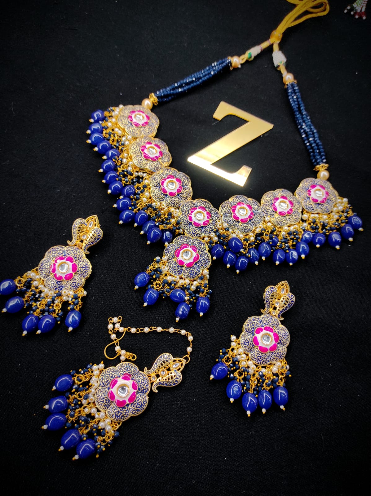 Zevar Jewelry Meenakari Choker Necklace Earrings With Maangtikka Set By Zevar