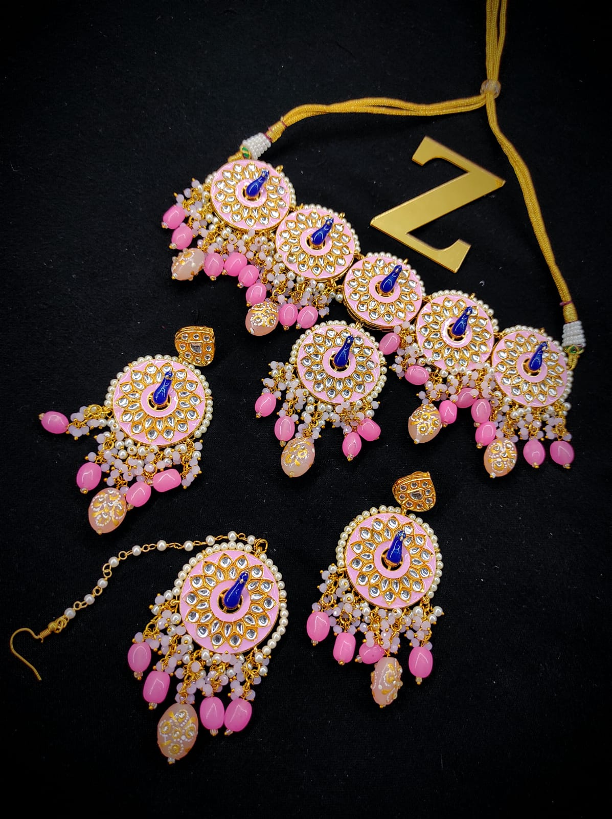 Zevar Jewelry Meenakari Choker Necklace Earrings With Maangtikka Set By Zevar