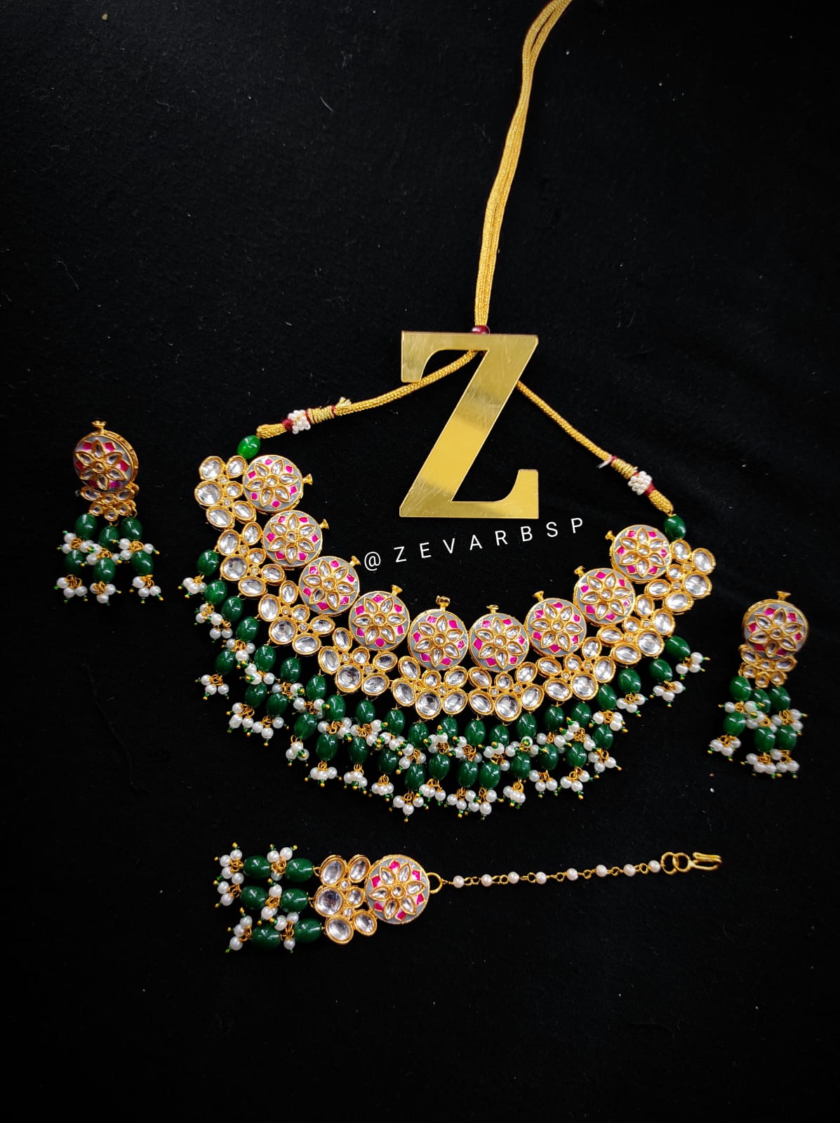 Zevar Jewelry Meenakari Choker Necklace earrings With maangtikka set by Zevar