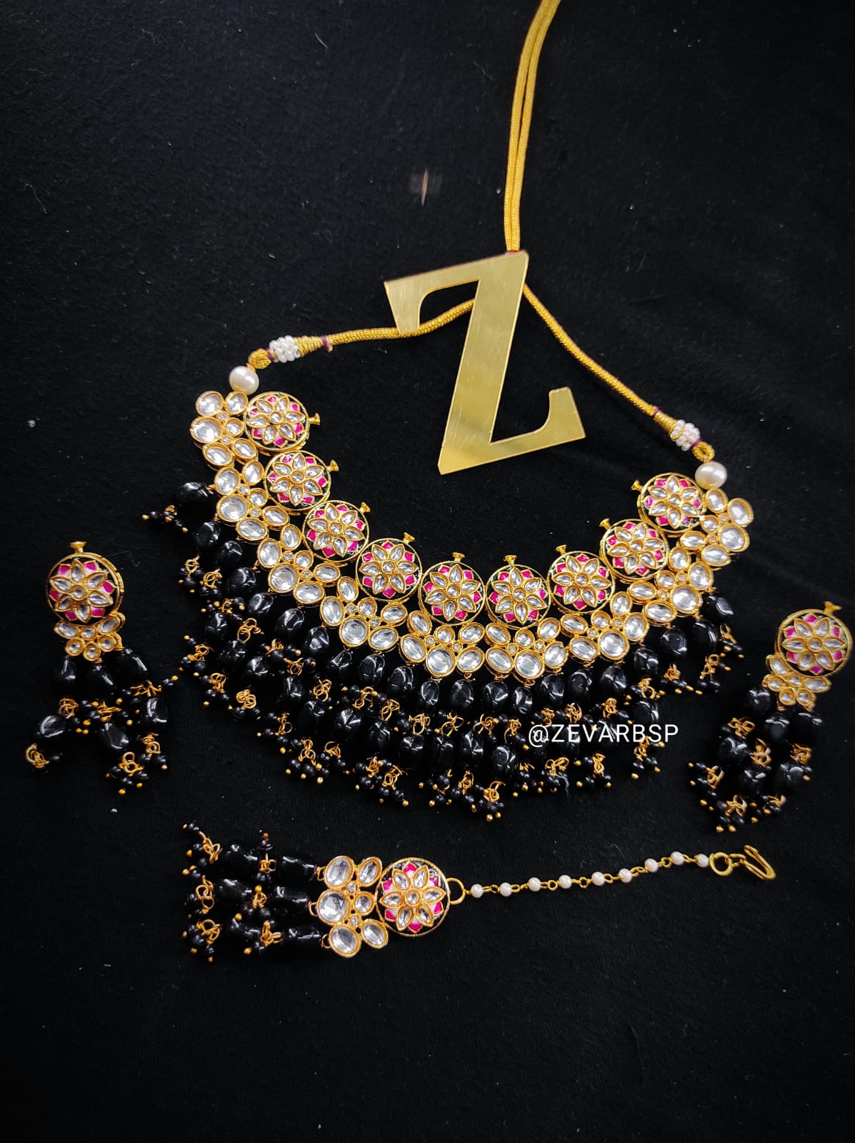 Zevar Jewelry Meenakari Choker Necklace earrings With maangtikka set by Zevar