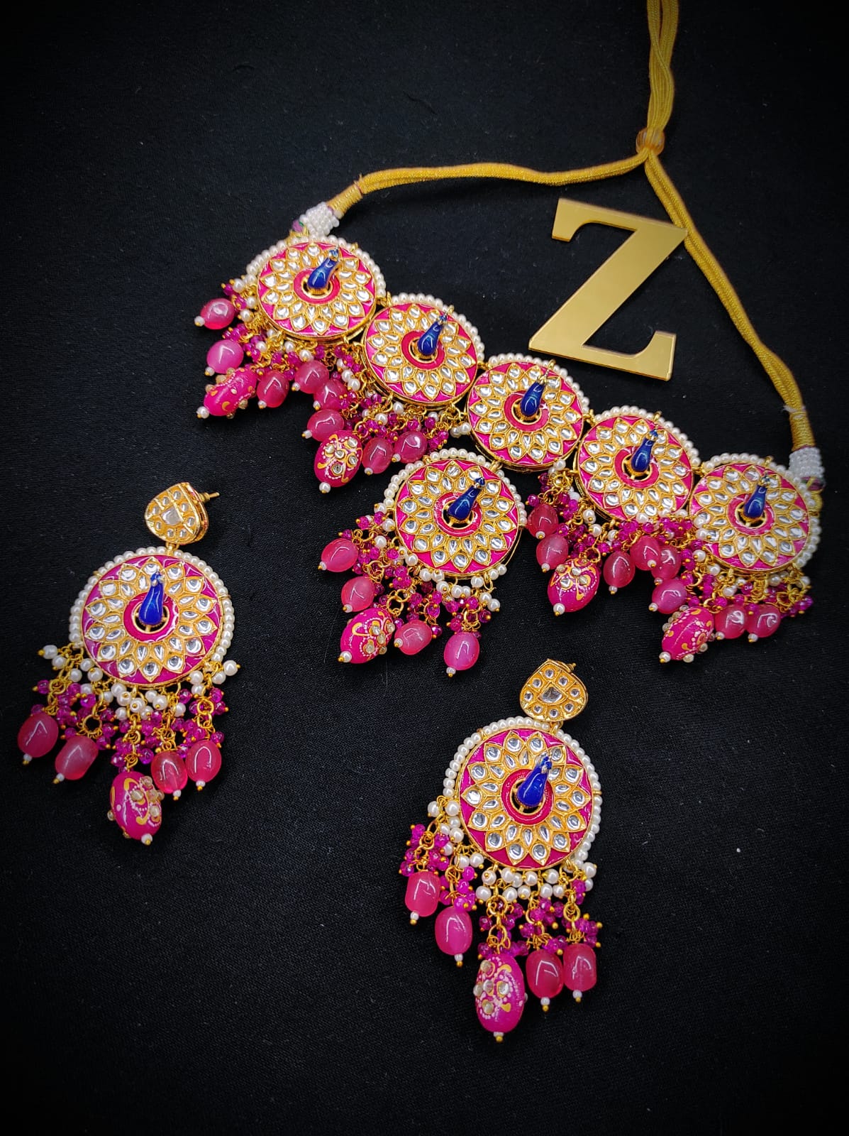 Zevar Jewelry Meenakari Peacock Choker Necklace Earrings With Maangtikka Set By Zevar