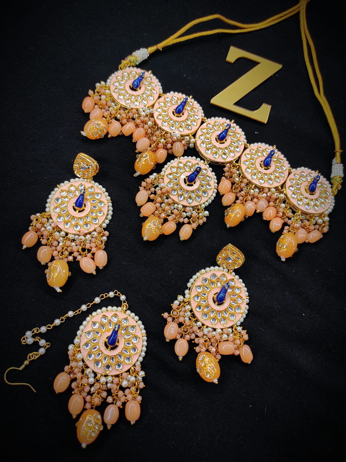 Zevar Jewelry Meenakari Peacock Choker Necklace Earrings With Maangtikka Set By Zevar