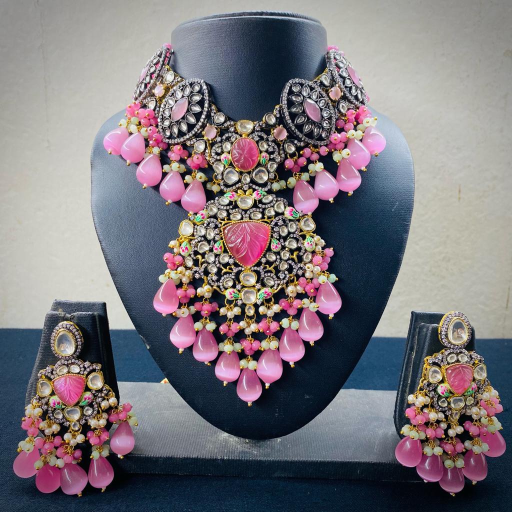 Zevar Jewelry Premium Quality AD Stone Monalisa Beads Uncut Kundan Bridal Jewellery Set By Zevar