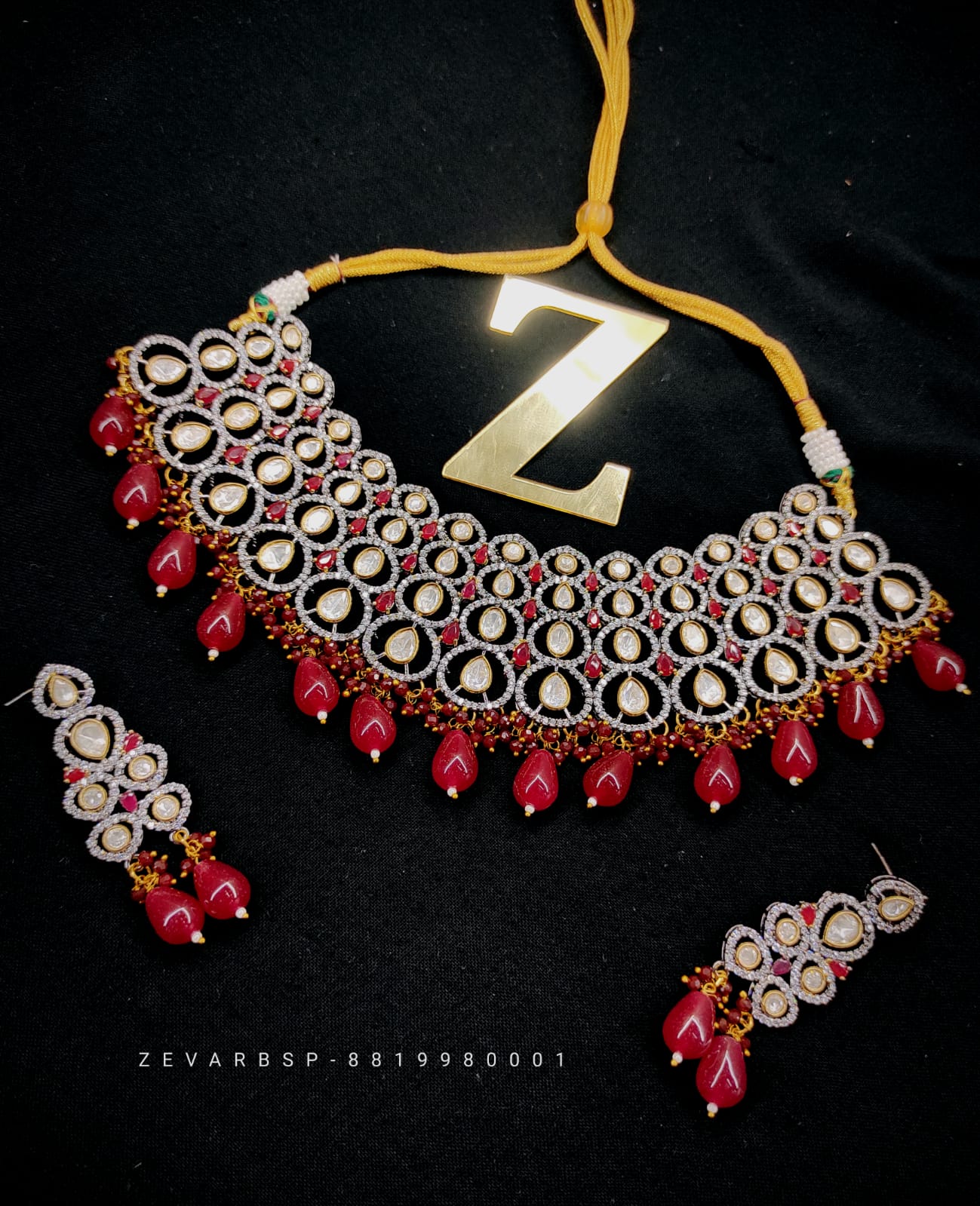 Zevar Jewelry Premium Quality AD Stone Monalisa Beads Uncut Kundan Jewellery Set By Zevar