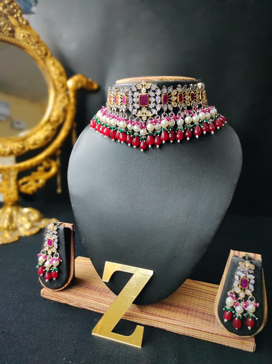Zevar Jewelry Premium Quality AD Stone Monalisa Beads Uncut Kundan Jewellery Set By Zevar