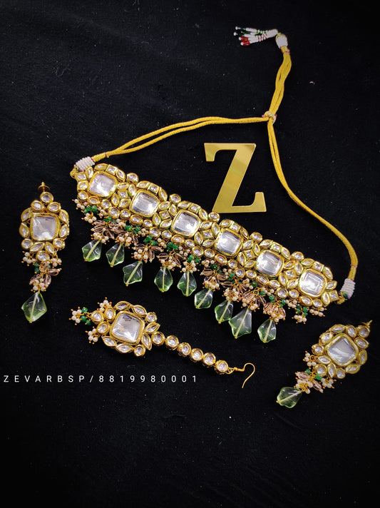 Zevar Jewelry Premium Quality kundan Choker Necklace Earring With Maang Tikka set by Zevar