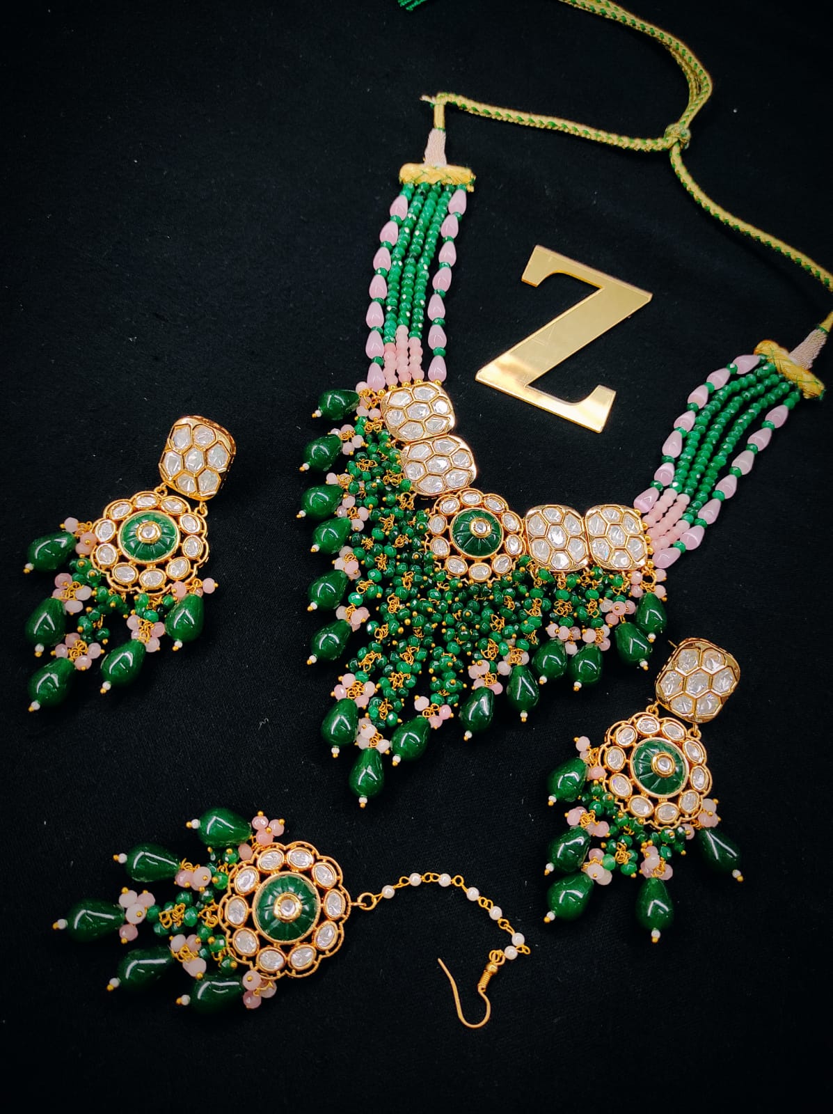 Zevar Jewelry Premium Quality Monalisa Beads Polki Uncut Kundan Long Necklace Set By Zevar