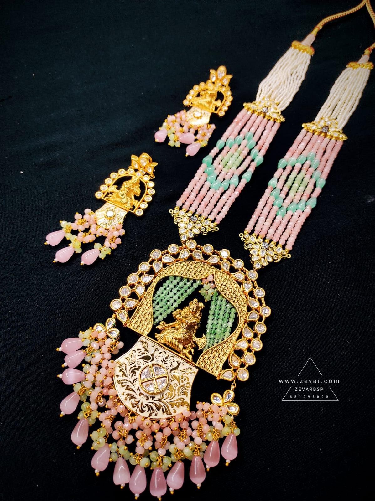 Zevar Jewelry Premium Quality Monalisa Beads Uncut Kundan Long Necklace Set By Zevar