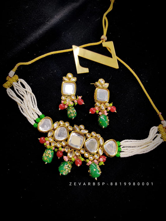 Zevar Jewelry Premium Quality Pearl Beads Kundan Choker Necklace Earrings set By Zevar