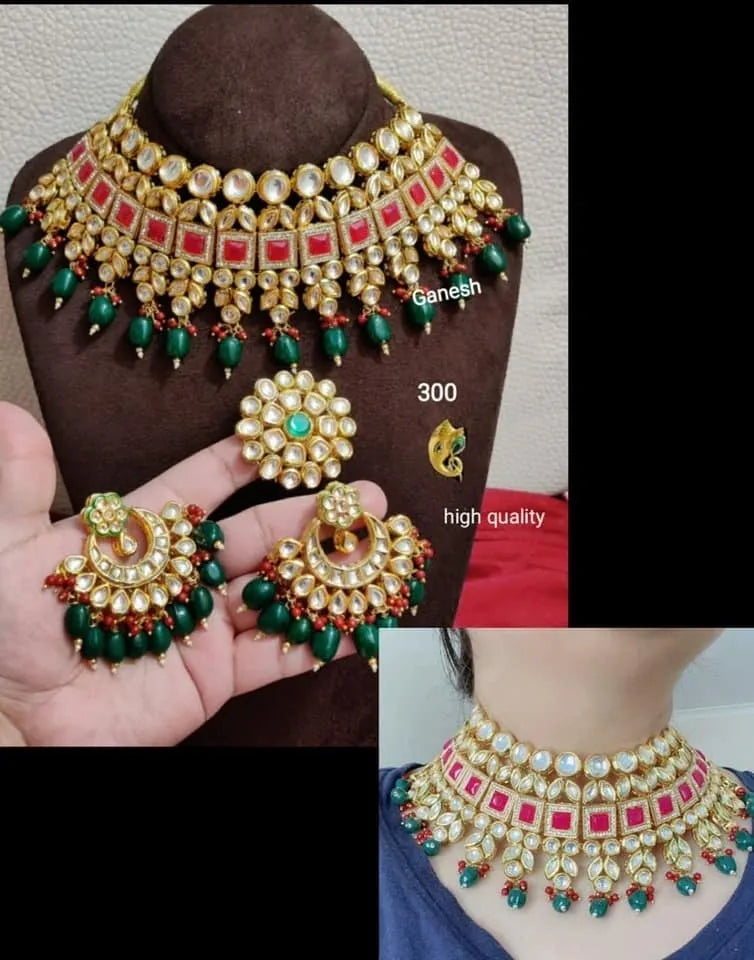 Zevar Jewelry Red and green kundan Choker with earrings and maang tikka Jewellery set By Zevar