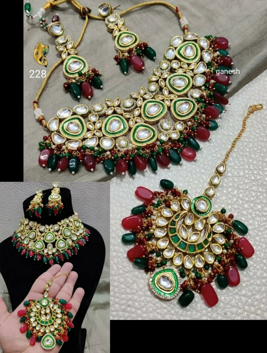 Zevar Jewelry Red-green necklace with earrings and maangtika Jewellery set By Zevar