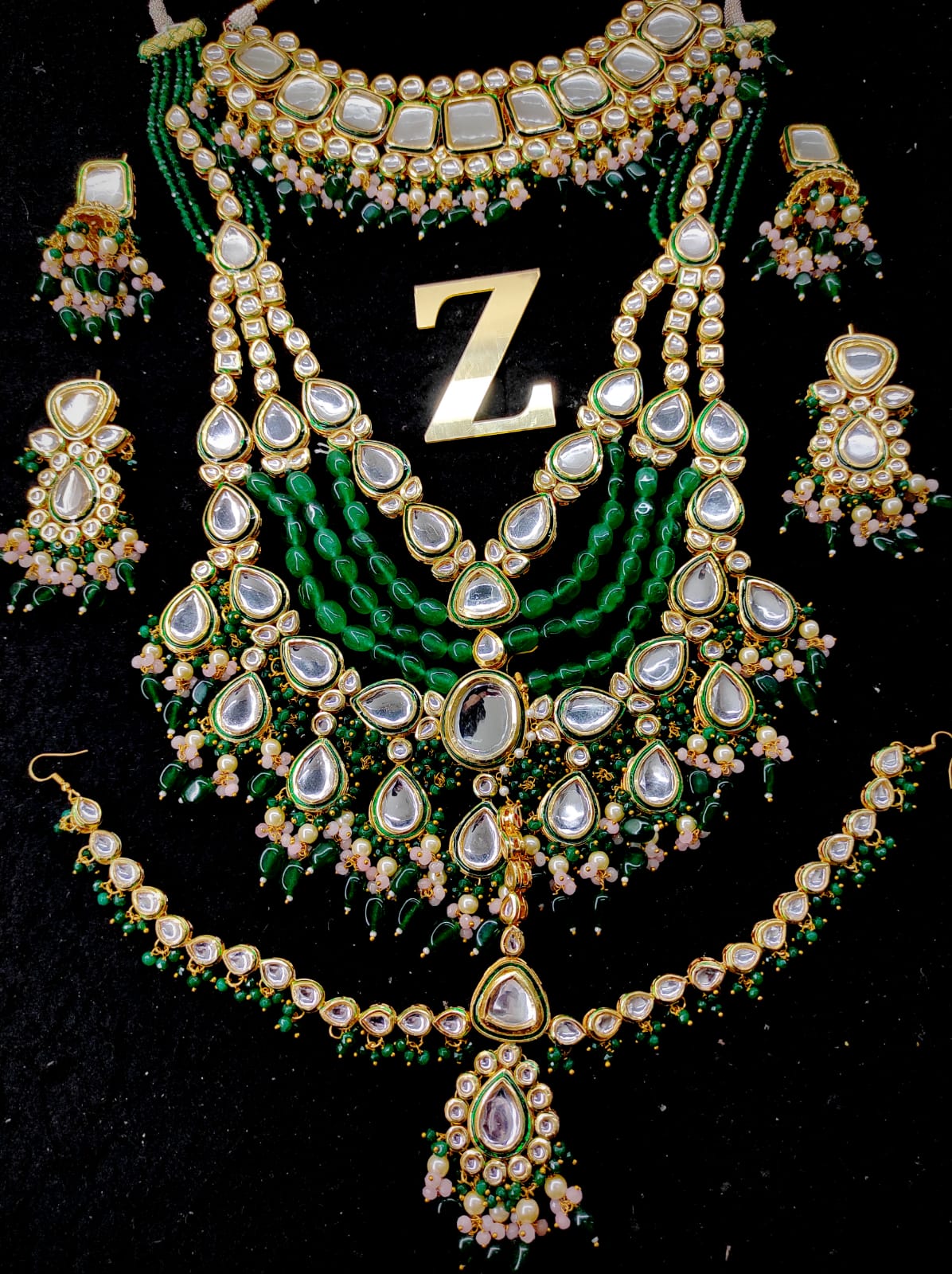 Zevar Traditional Green Kundan Bridal Jewellery Necklace Set Zevar 9558