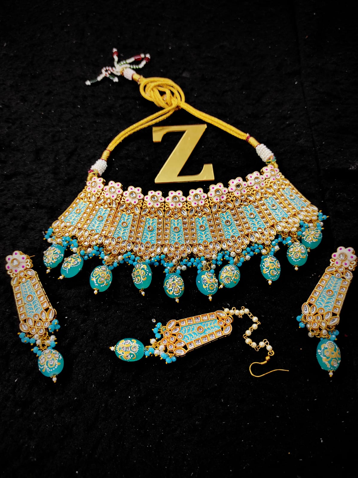 Zevar Jewelry Traditional Meenakari Choker Necklace earrings maangtikka set by Zevar