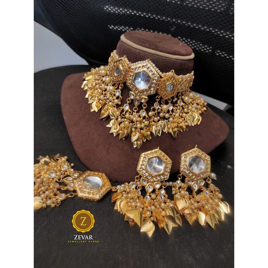 Zevar Jewelry ZEVAR | High Quality Kundan Gold Plated Pearl Choker Necklace Earring with tikka