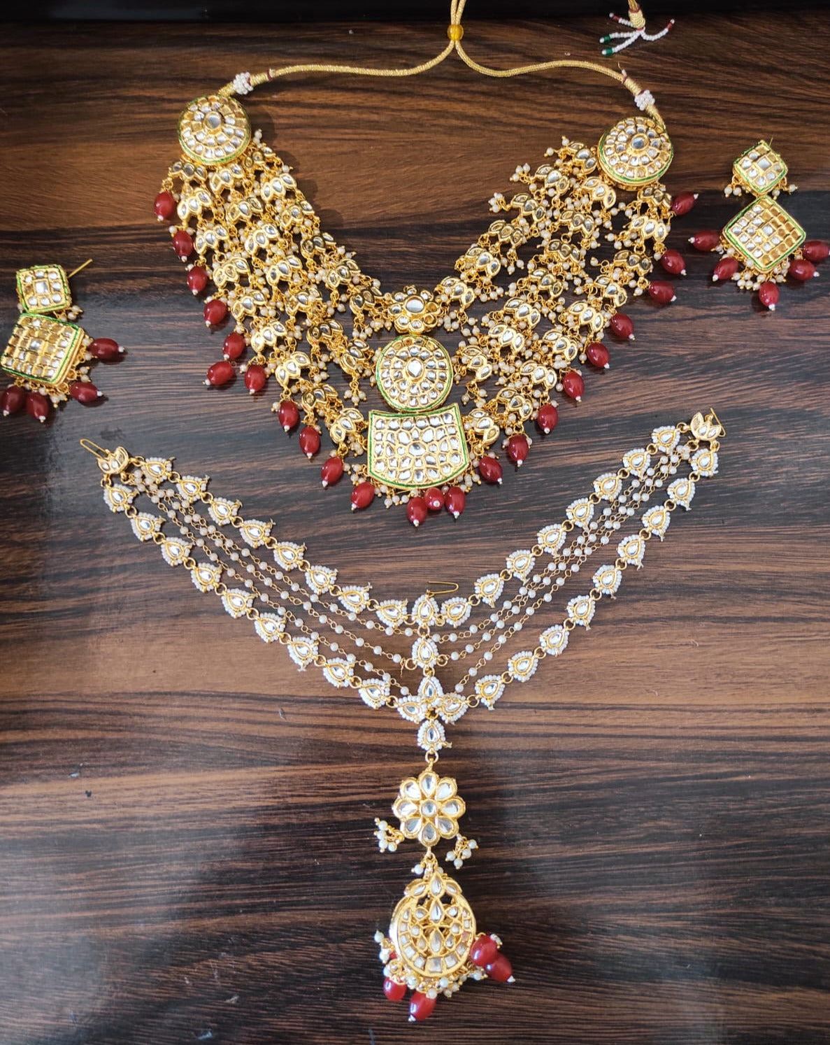 Zevar Jewelry ZEVAR | High Quality Red Kundan Necklace With Matha patti Earring