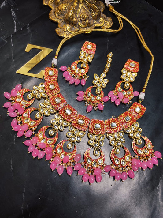 Zevar Jewelry ZEVAR | Meenakari Work Kundan Choker Necklace  Earrings with Maantika 02