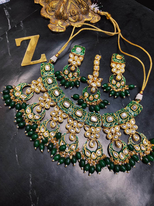 Zevar Jewelry ZEVAR | Meenakari Work Kundan Choker Necklace  Earrings with Maantikka 03