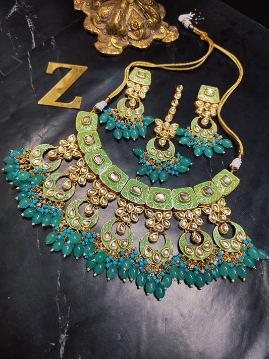 Zevar Jewelry ZEVAR | Meenakari Work Kundan Choker Necklace  Earrings with Maantikka 04